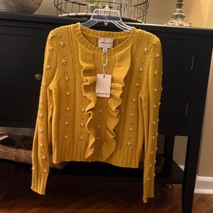 INDUSTRY Yellow Ruffle Crewneck Sweater with Pearl Accents